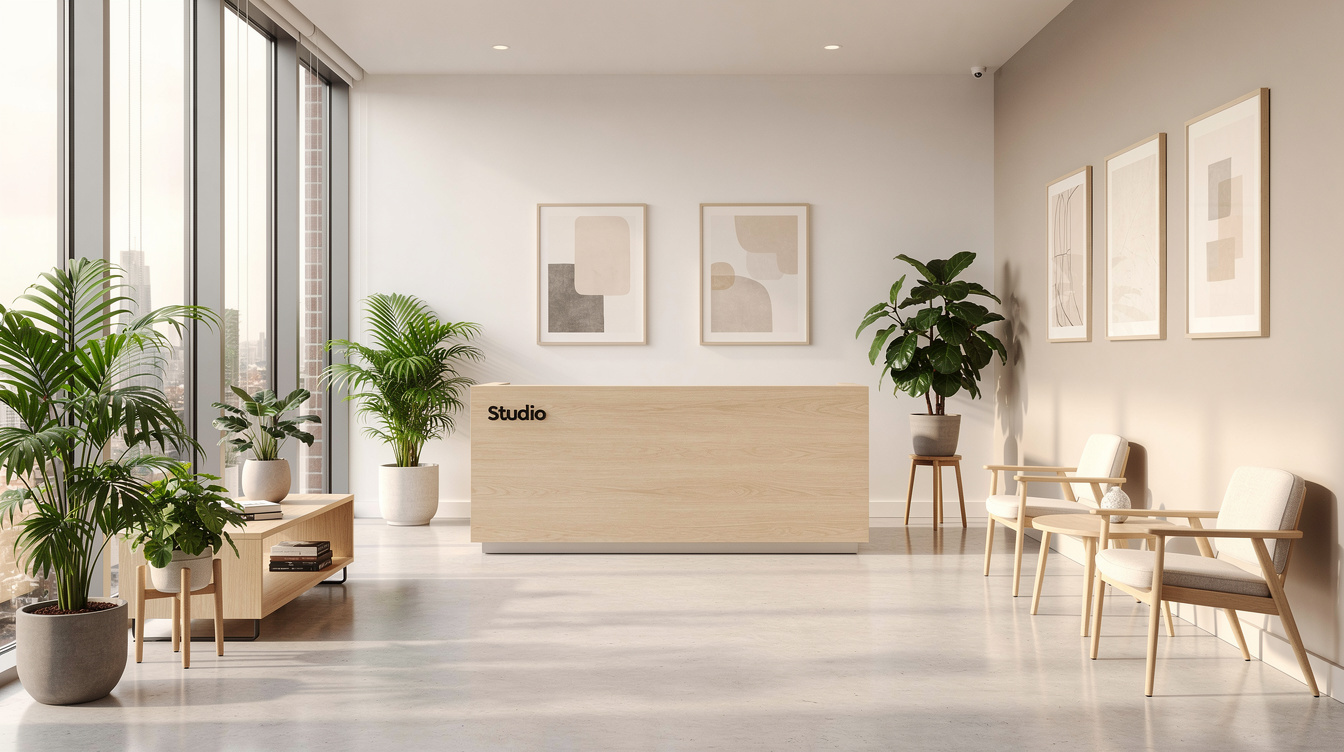 Bright modern creative agency office reception with plants and wooden furniture