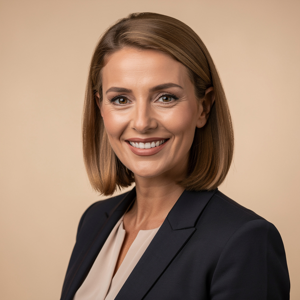 Professional portrait of a Belgian woman media trainer smiling