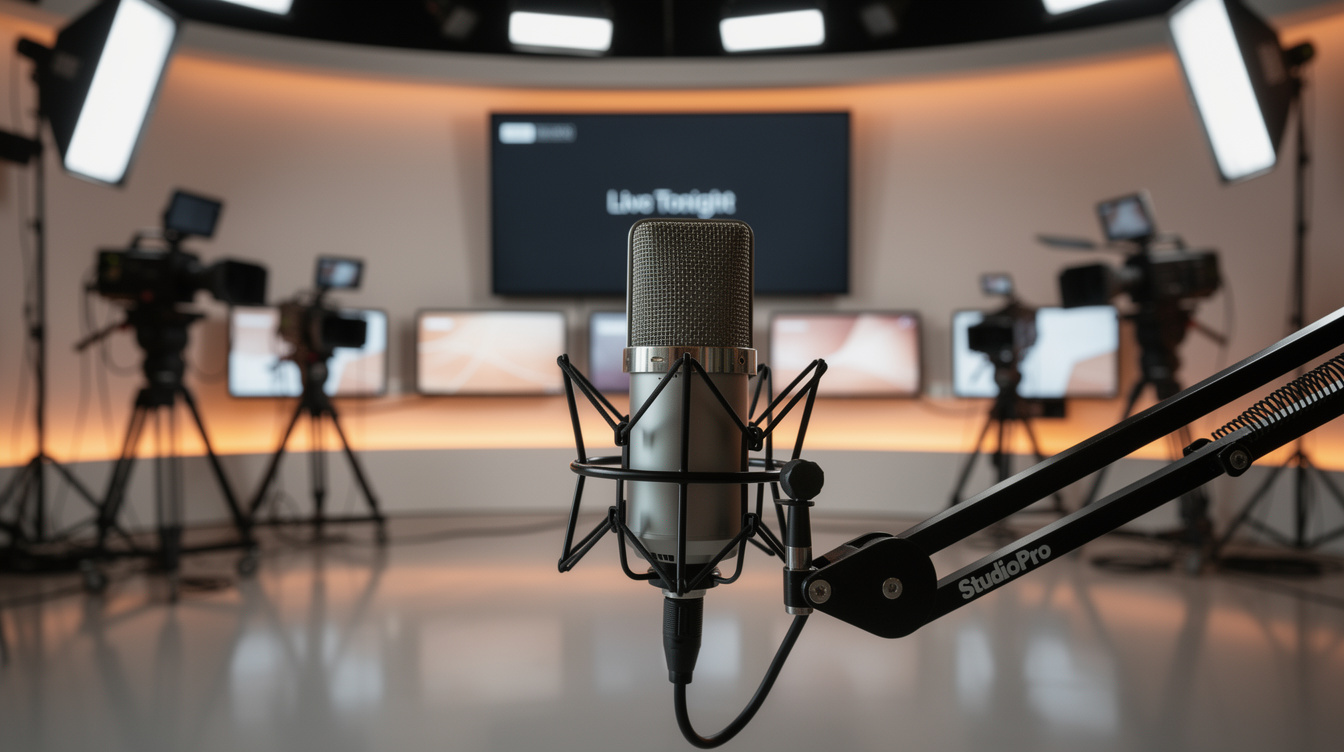 Modern television studio with microphone, cameras and lighting rig ready for recording