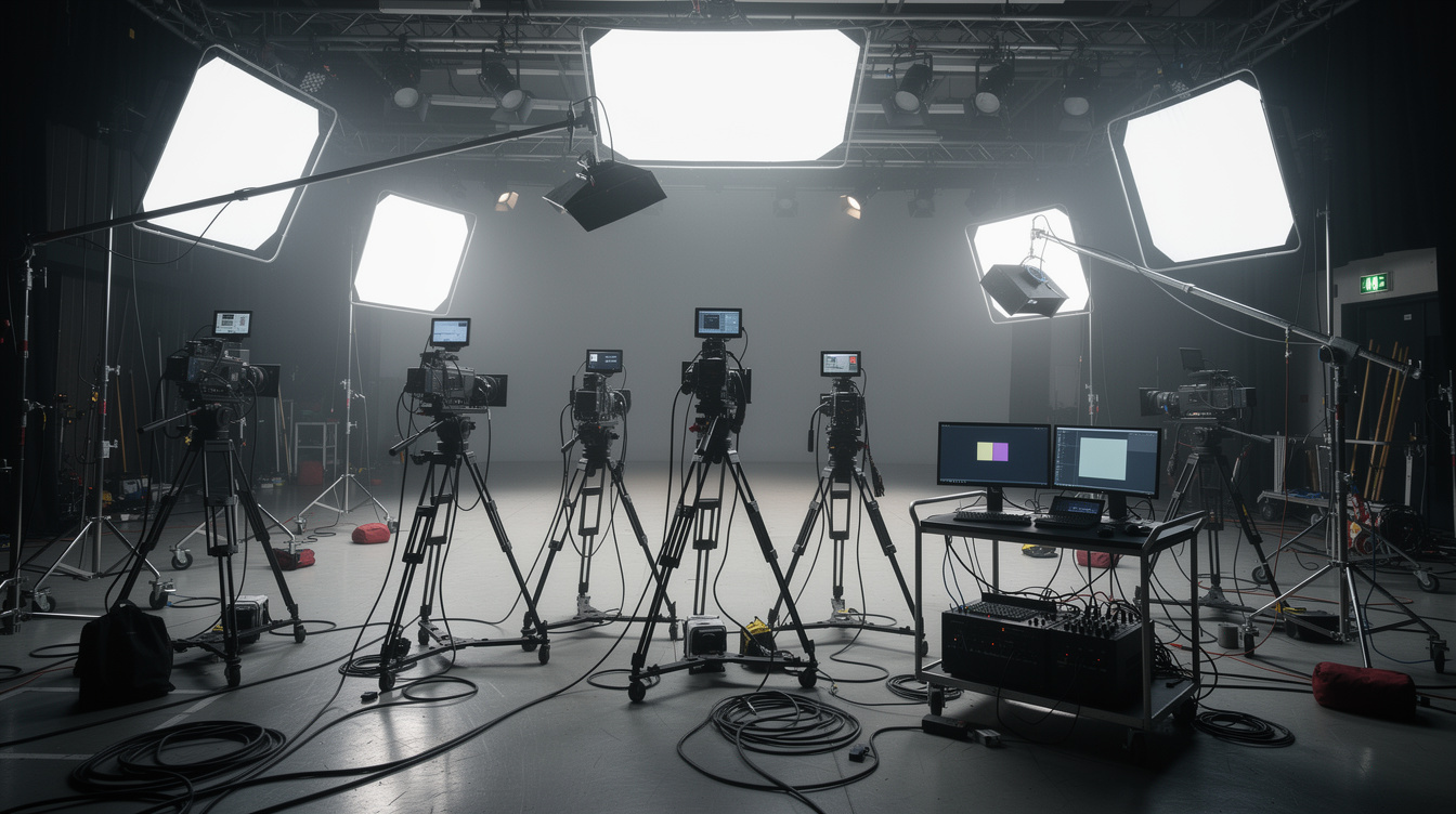 Film crew setting up cameras and lighting equipment on a television set