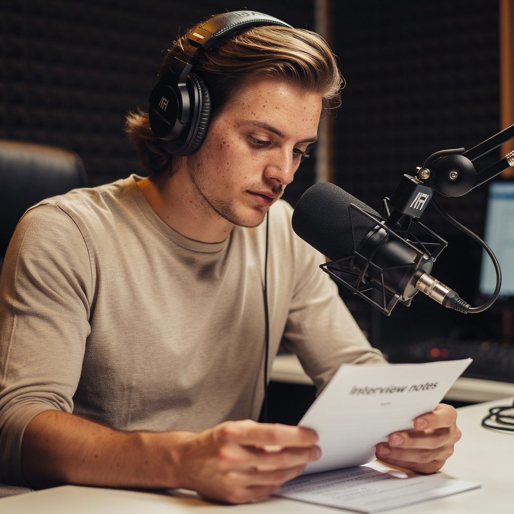 Young journalist wearing headphones preparing interview notes in a studio